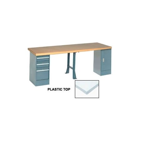 Global Industrial 96x30 Production Workbench Laminate Square Edge, Cabinet, 3 Drawer, 1 Leg 607983
